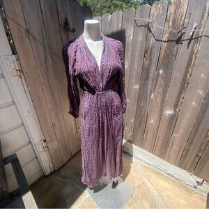 NATALIE MARTIN purple floral surplice long puff sleeve rayon midi maxi dress XS